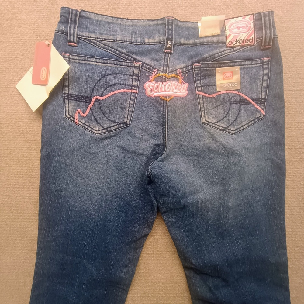 Vintage ECKO RED‎ Denim Women Size 9 Jeans Embroidered Beaded Pink Stitch 28x32
